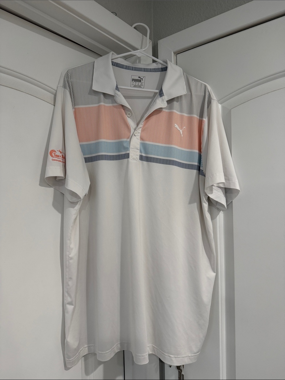 Puma White Polo with Coral and Light Blue Stripes